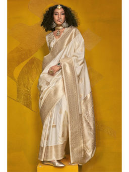 Mysilklove - Windsor Cream Banarasi Handloom Silk Saree with Unstitched Blouse