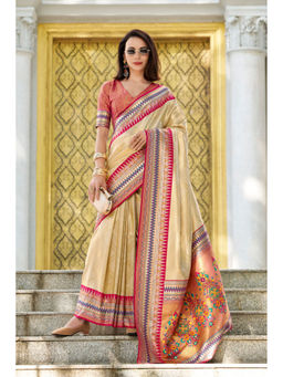 Mysilklove - Fawn Cream Handloom Saree with Unstitched Blouse