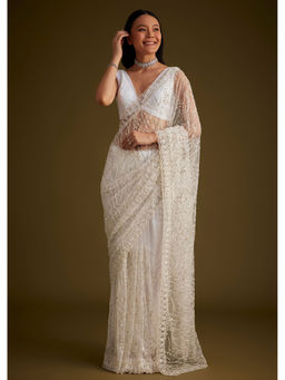 KALKI FASHION - White Saree with Sequins and Stones Embroidery with Unstitched Blouse