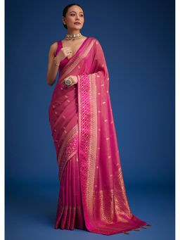 KALKI FASHION - Rani Pink Saree Butti Work with Unstitched Blouse