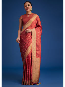 KALKI FASHION - Red Saree with Zari Butti with Unstitched Blouse