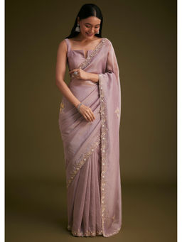 KALKI FASHION - Light Purple Saree with Floral Embroidery with Unstitched Blouse