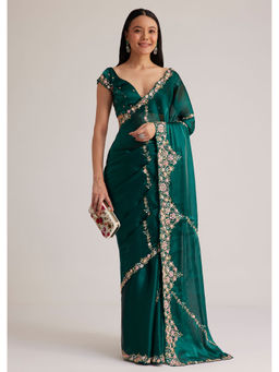 KALKI FASHION - Peacock Green Saree with Floral Embroidered with Unstitched Blouse