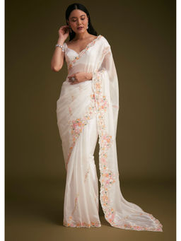 KALKI FASHION - White Glass Saree with Floral Embroidery with Unstitched Blouse