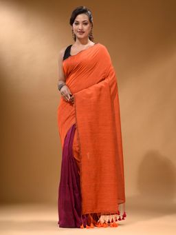 Arhi - Orange and Magenta Cotton Handspun Soft Pompom Saree with Unstitched Blouse
