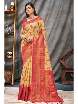 Sangam Prints - Beige Organza Woven Zari Work Traditional Tassel Saree with Unstitched Blouse