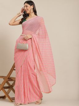Tikhi Imli - Pink Striped Georgette Saree with Moti Lace with Unstitched Blouse