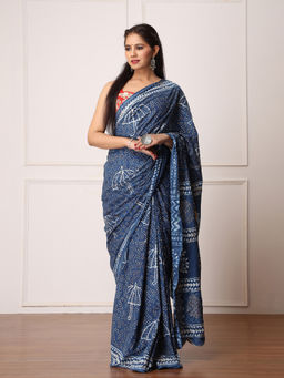 Mayurie - Nandi Indigo Dabu Print Cotton Saree with Unstitched Blouse