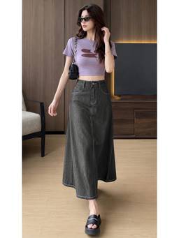 Tripursundari Fashion - Women Washed Charcoal A-Line Maxi Denim Skirt
