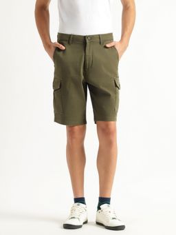United Colors of Benetton - Green Solid Comfort Fit Cargo Twill Washed Shorts