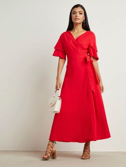 Styli - Red Solid Double Frill Sleeves Wrap Around Maxi Dress