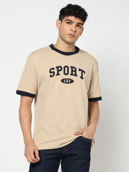 GAP - Men Beige Knitted Crew Neck Half Sleeves T-Shirt
