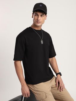 R&B - Men Black Cotton Blend Crew Neck Half Sleeves T-Shirt