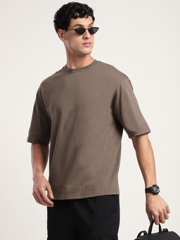 R&B - Men Brown Cotton Blend Crew Neck Half Sleeves T-Shirt