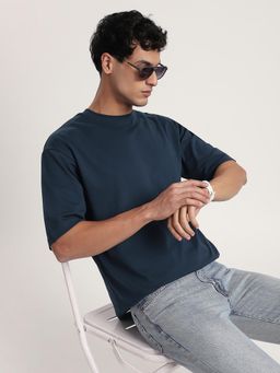 R&B - Men Teal Cotton Blend Crew Neck Half Sleeves T-Shirt