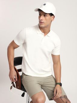 R&B - Men Off White Cotton Blend Collar Neck Half Sleeves Polo T-Shirt
