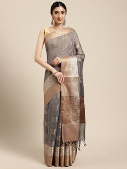 Banarasi Silk Works - Grey Masrise Cotton Boota Skirt Border Saree with Unstitched Blouse