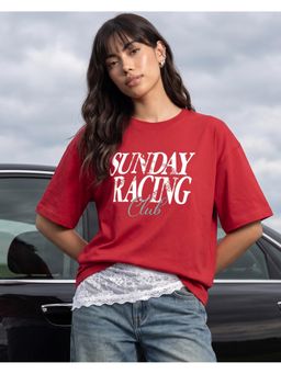 Bewakoof - Red Sunday Racing Club Typography Oversized T-shirt