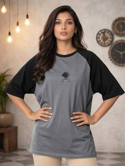 TOM MILTON - Women's Grey Cotton Half Sleeves Oversized T-Shirt