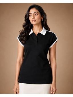 BRINNS - Black Solid Cotton Pique Polo Collar T-shirt