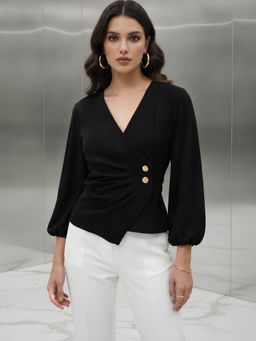 Dora Dori - Black Shimmer Stretachable Wrap Style Jeweled Buttons Top