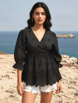 Dora Dori - Black Cotton Embroidered Angrakha Style Wrap Top