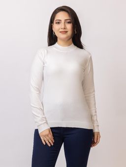 LASOON - White Soft Stretch Pullover Classic Long Sleeve Knitwear Sweater