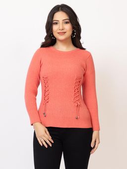 LASOON - Peach Ribbed Wool Blend Lace-Up Detail Pullover Winter Knit Sweater