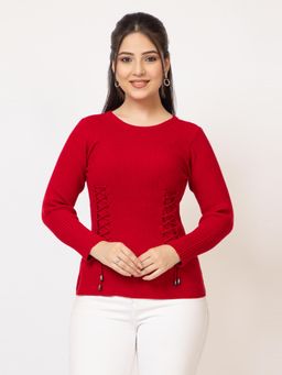 LASOON - Red Ribbed Wool Blend Lace-Up Detail Pullover Winter Knit Sweater