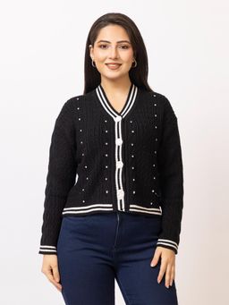 LASOON - Black Trendy Pearl Embellished Woolen Cozy Knitted Cardigan