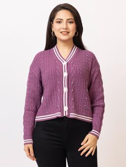 LASOON - Mauve Trendy Pearl Embellished Woolen Cozy Knitted Cardigan