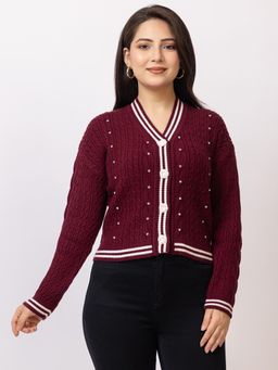 LASOON - Maroon Trendy Pearl Embellished Woolen Cozy Knitted Cardigan