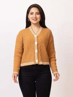 LASOON - Mustard Trendy Pearl Embellished Woolen Cozy Knitted Cardigan