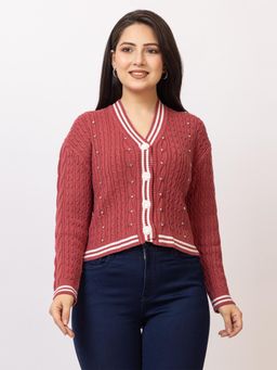 LASOON - Red Trendy Pearl Embellished Woolen Cozy Knitted Cardigan