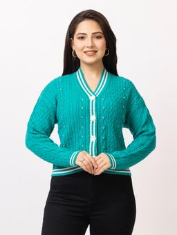 LASOON - Teal Trendy Pearl Embellished Woolen Cozy Knitted Cardigan