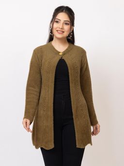 LASOON - Brown Studded with Full Sleeves Elegant Cardigan