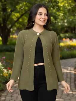LASOON - Olive Premium Studded with Full Sleeves Elegant Cardigan