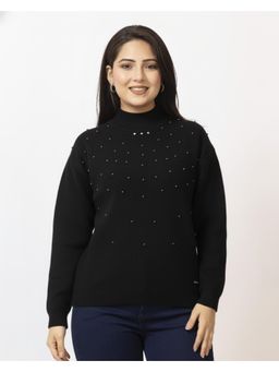 LASOON - Black Trendy Pearl Embellished Woolen Pullover Knitwear Sweater