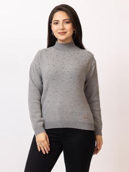 LASOON - Grey Trendy Pearl Embellished Woolen Pullover Knitwear Sweater