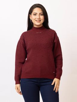 LASOON - Maroon Trendy Pearl Embellished Woolen Pullover Knitwear Sweater