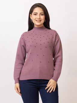 LASOON - Mauve Trendy Pearl Embellished Woolen Pullover Knitwear Sweater