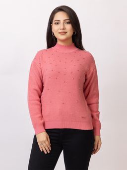 LASOON - Pink Trendy Pearl Embellished Woolen Pullover Knitwear Sweater
