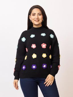 LASOON - Black Trendy 3D Floral Applique Wool Pullover Sweater