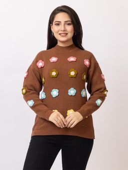 LASOON - Brown Trendy 3D Floral Applique Wool Pullover Sweater