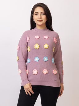 LASOON - Mauve Trendy 3D Floral Applique Wool Pullover Sweater