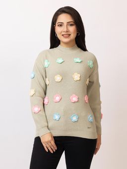 LASOON - Beige Trendy 3D Floral Applique Wool Pullover Sweater