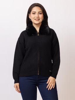 LASOON - Black Faux Fur Collar Zip-Up Wool Sweater