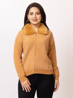 LASOON - Bronze Faux Fur Collar Zip-Up Wool Sweater