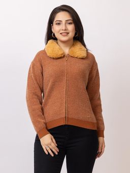 LASOON - Brown Faux Fur Collar Zip-Up Wool Sweater