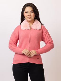 LASOON - Pink Faux Fur Collar Zip-Up Wool Sweater